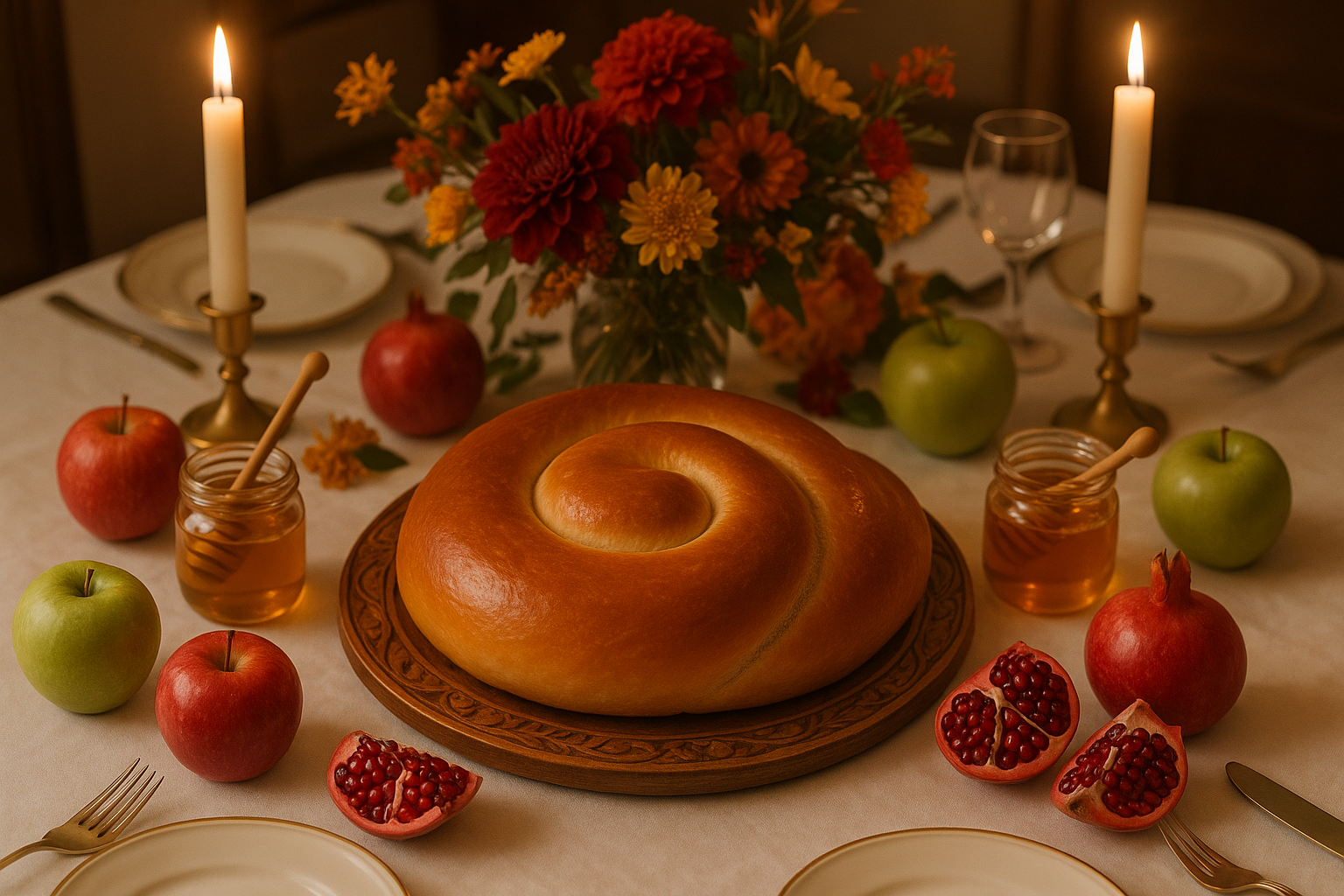 I LOVE this picture. please keep everything in this photo except for the challah. and update the challah to be the plain round challah from shop.challahbackgirls.org.